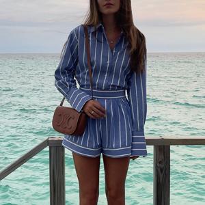 스트라이프 두 조각 반바지 세트 여름 긴 소매 턴 다운 칼라 버튼 코튼 롱 셔츠 탑 여성 의류 캐주얼 의상