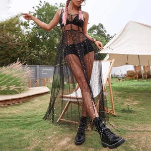 여성 반짝 이는 스팽글 커버 드레스 캐주얼 민소매 백리스 쉬어 메쉬 루즈 스플릿 드레스 여름 휴가 ​ 비치 작업복