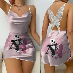 여성의 악몽 전에 크리스마스 잭과 샐리 홈 Nightdress 인쇄 된 서스펜더 v 넥 백리스 레이스 여성 패션 드레스