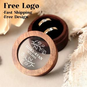 무료 사용자 정의 로고 Walunt 나무 반지 상자 나무 조각 결혼식 제안 약혼 라운드 나무 무료 사용자 정의 이름 및 날짜 반지 상자