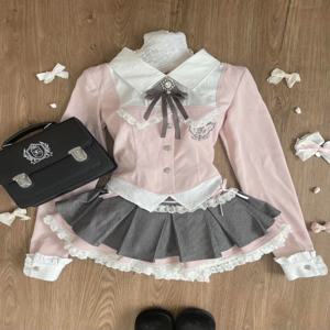 봄 Y2K 공주 의상 여성 2 조각 세트 달콤한 카와이 보우 탑 + 레이스 플리츠 스커트 여성 레트로 세련된 프레피 스타일 옷