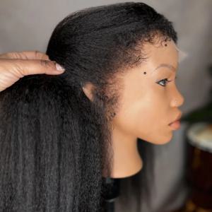 26인치 소프트 야키 Preplucked 블랙 컬러 180Density Kinky 스트레이트 레이스 프론트 가발 합성 베이비 헤어 글루리스 데일리웨어 가발