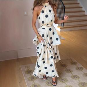 투알로즈 여성 롱 드레스 2피스 우아한 물방울 무늬 민소매 탑 러플 플리츠 드레스 세트 고급 파티 섹시 여성 드레스 세트