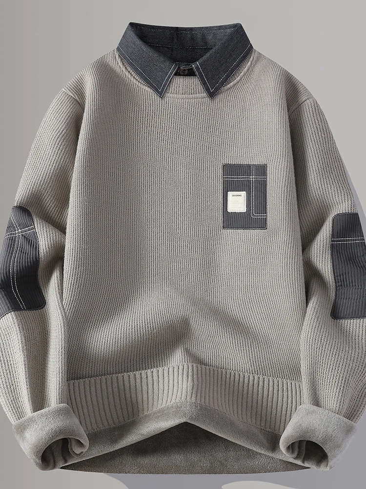 남성용 플리스 안감 두꺼운 긴팔 니트 스웨터 가을 겨울 스타일 셔츠 칼라 원피스 부드러운 폴리에스터 캐주얼웨어
