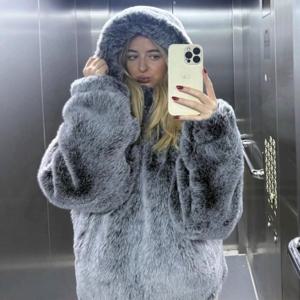 여성용 인조 모피 후드 코트 Y2K 재킷 숏 오버코트 긴 소매 지퍼 두꺼운 루즈핏 오피스룩 캐주얼 2025 가을 겨울