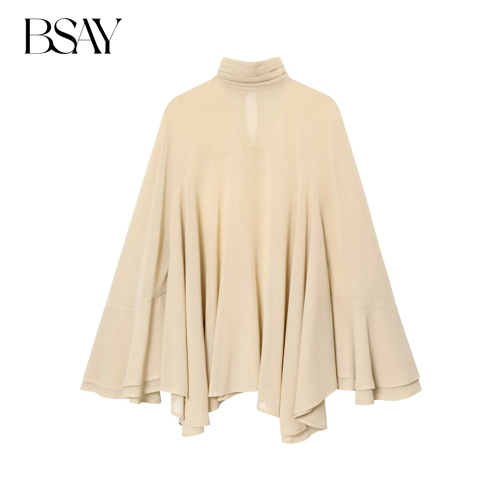 BSAY 비대칭 셔츠 여성 의류 패션 2025 가을 신상 플리츠 스탠드 칼라 루즈 긴팔 시크 여성 상의
