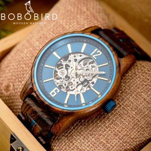 BOBO BIRD 나무 자동 기계식 시계 남성 맞춤형 이름 백 케이스 텍스트 손목시계 패션 발광 시계 드롭쉬핑