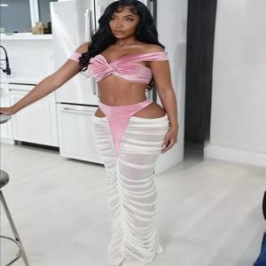 큐트뉴 섹시 코케트 2피스 세트 여성 벨벳 크로스 탱크탑+패치워크 홀로우 하이웨이스트 스커트 매칭 클럽웨어 의상