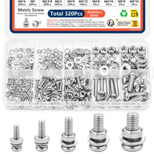 320pcs 스테인레스 스틸 나사 너트 와셔 구색 키트 녹슬지 않는 미터법 하드웨어 세트 M2-M5 DIY 홈 수리 산업용