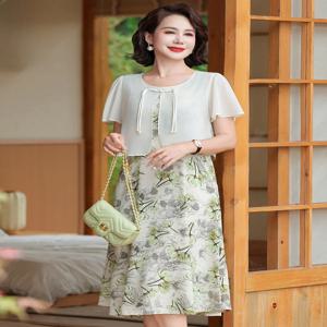 패셔너블한 여름 원피스 엄마를 위한 우아한 미디 스커트 배를 가려주는 폴리에스터 섬유 루즈핏 긴팔 라운드넥 숏 드레스