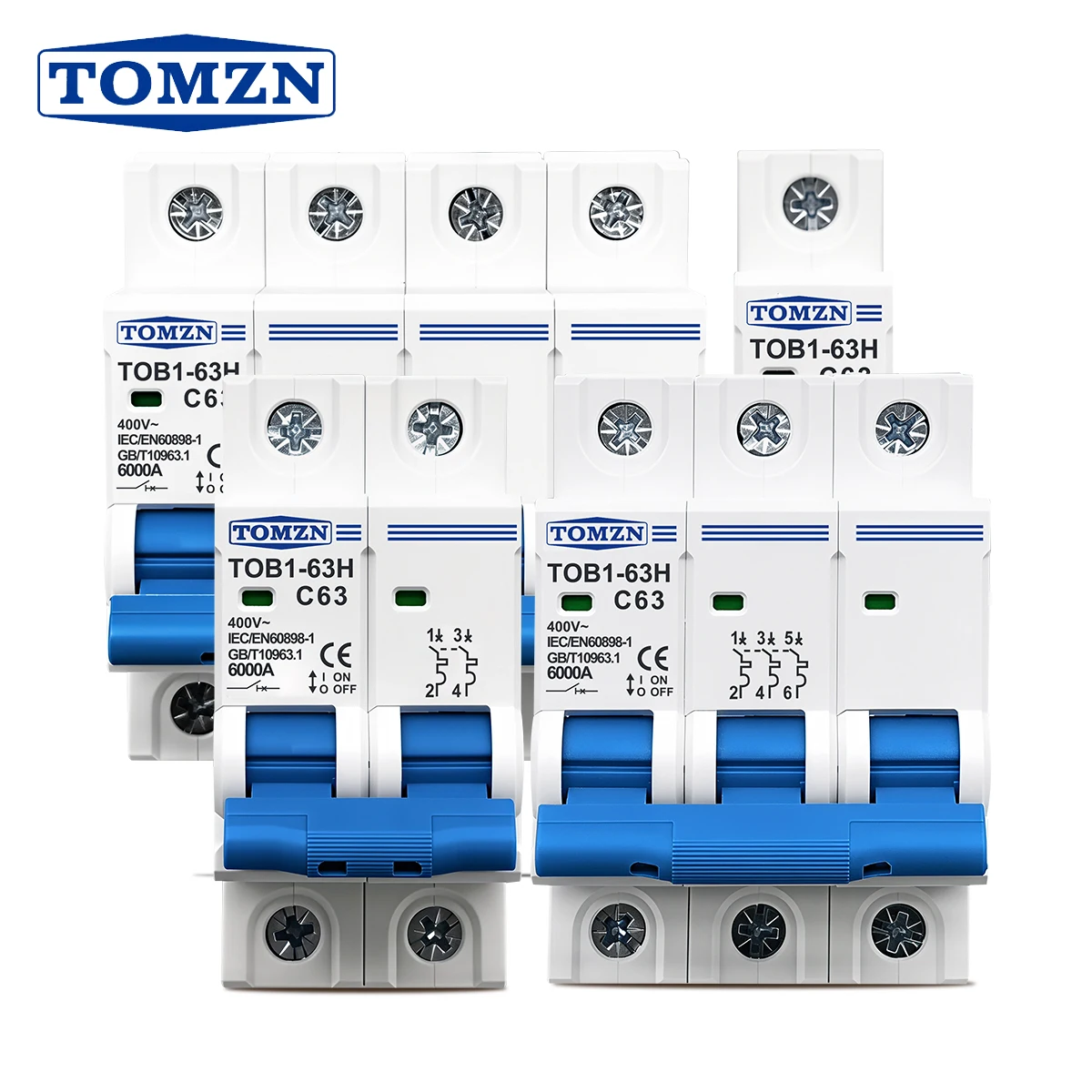 TOMZN AC MCB TOB1-63H C 커브 230/400V~ 50/60Hz 미니 서킷 브레이커 1P 2P 3P 4P 3A 6A 10A 16A 20A 25A 32A 40A 50A 63A 6kA
