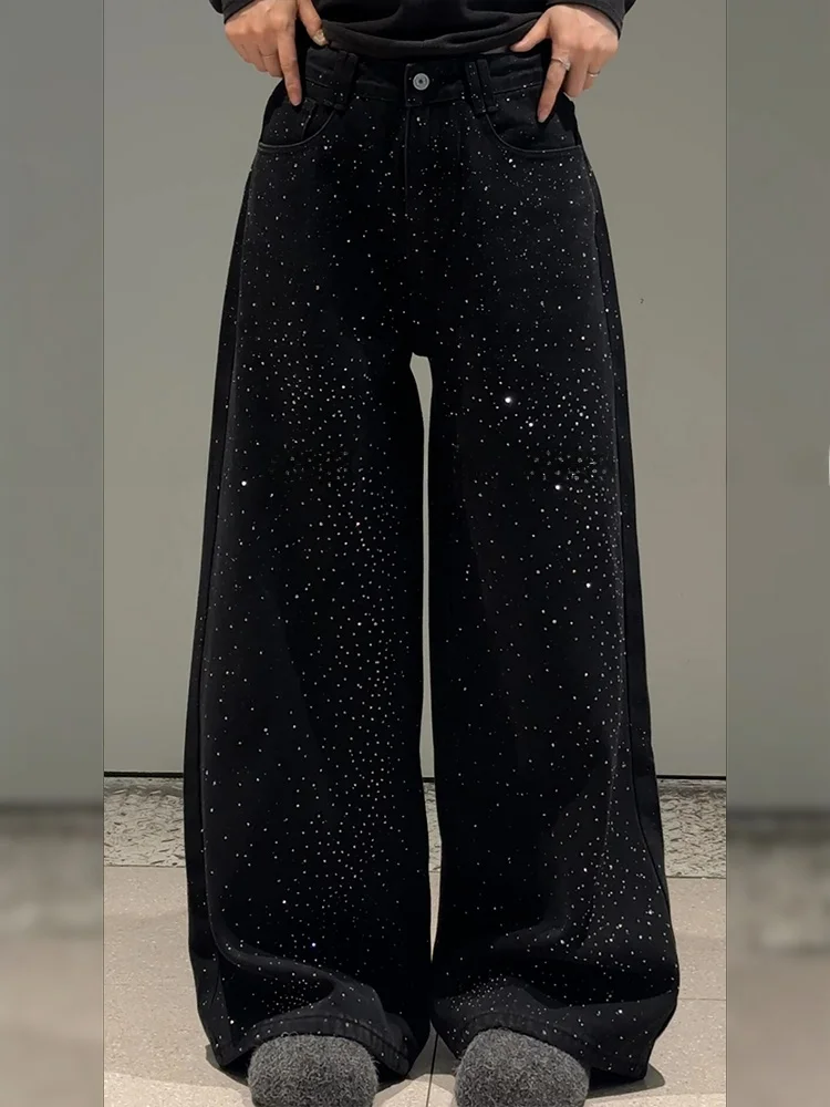 미국 스타일 루즈 레이지 글리터 스플라이스 진 여성 빈티지 샤이니 스타 플로어-길이 팬츠 하이 웨이스트 빈티지 디스트레스드