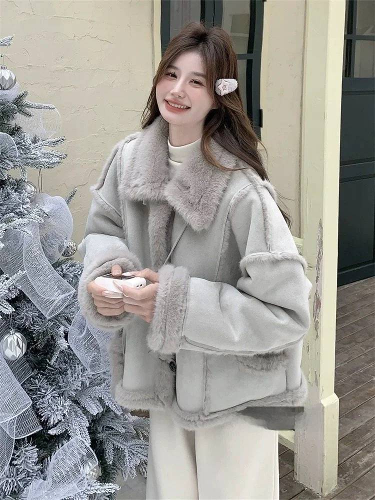 한국 스타일 여성용 스웨이드 양털 재킷 두꺼운 겨울 코트 레트로 통합 가죽 및 모피 숏 아우터웨어