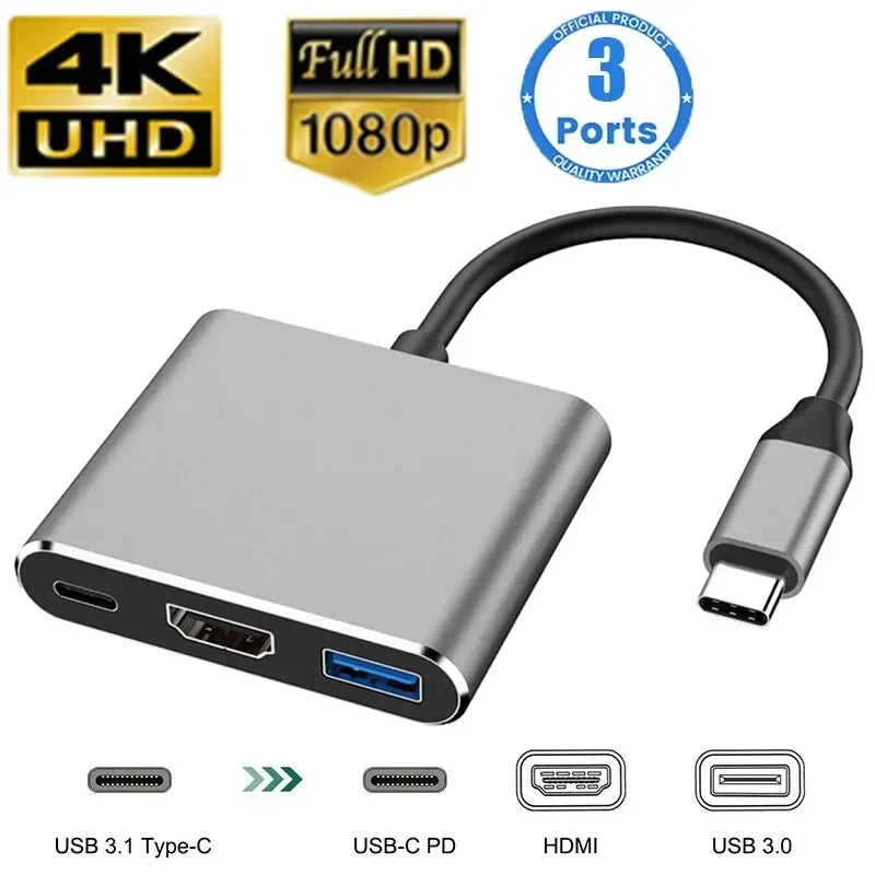3 in 1 USB-C USB 허브 남성-여성 HDMI 호환 4K USB 3.1 타입-C to USB 3.0 충전 어댑터 맥북 에어 12 변환기