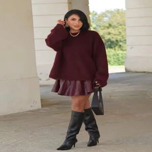 HH 겨울 여성 버건디 긴팔 풀오버 캐주얼 O넥 루즈 플러피 퍼지 점퍼 스웨터 여성 패션 니트 탑