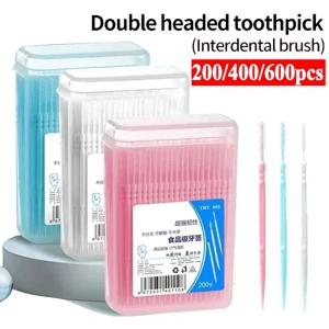 100/200/400/1000pcs 이쑤시개 브러시 박스형 플라스틱 이쑤시개 일회용 가정용 치간 칫솔 치아 치실 따기