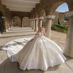 사용자 정의 빈티지 매우 푹신한 볼 가운 웨딩 드레스 자수 아플리케 o-넥 풀 슬리브 신부 가운 vestido de nov