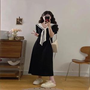 플러스 사이즈 여름 반팔 원피스 여성용 하이웨이스트 A라인 블랙 원피스 통통한 여성에게 히트 상품 배 가리기 슬림 효과