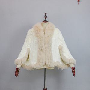 새로운 엑스트라 롱 리얼 천연 니트 토끼털 숄 코트, 여우털 칼라 여성 패션 니트 재킷 케이프