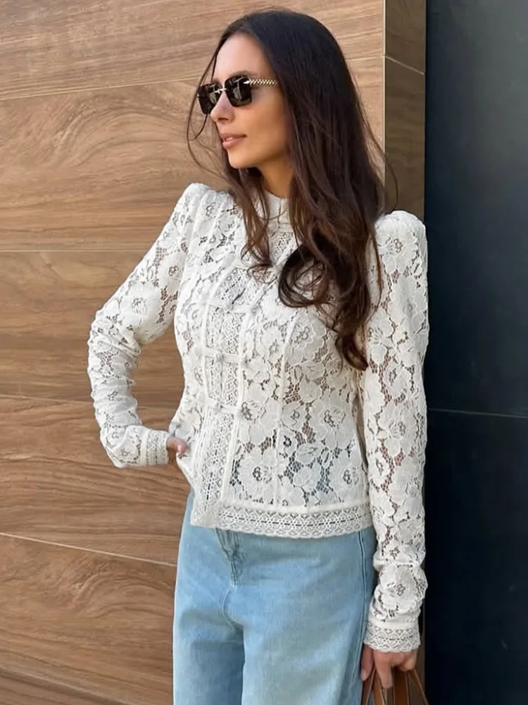 Tossy 여름 레이스 프린트 셔츠 탑 여성 속이 빈 패션 통근 빈티지 시스루 블라우스 여성용 레이스 숄더 셔츠 New