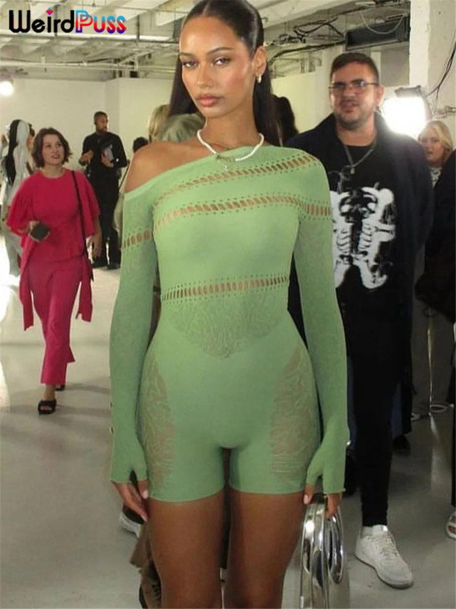 이상한 Puss See Through Romper 여성 섹시 할로우 라인 석 긴 소매 스키니 불규칙한 오프 숄더 바디 쉐이핑 Playsuits