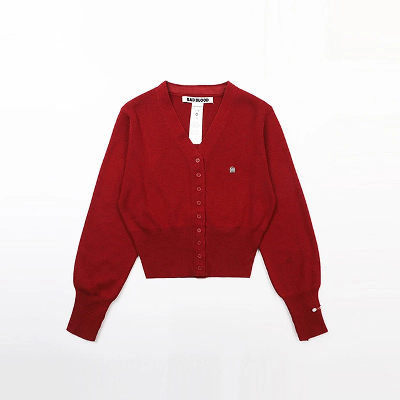 빈티지 레드 버튼업 가디건 니트 탑 슬림핏 긴팔 브이넥 숏 길이 폴리에스터 섬유 출퇴근 스타일 가디건