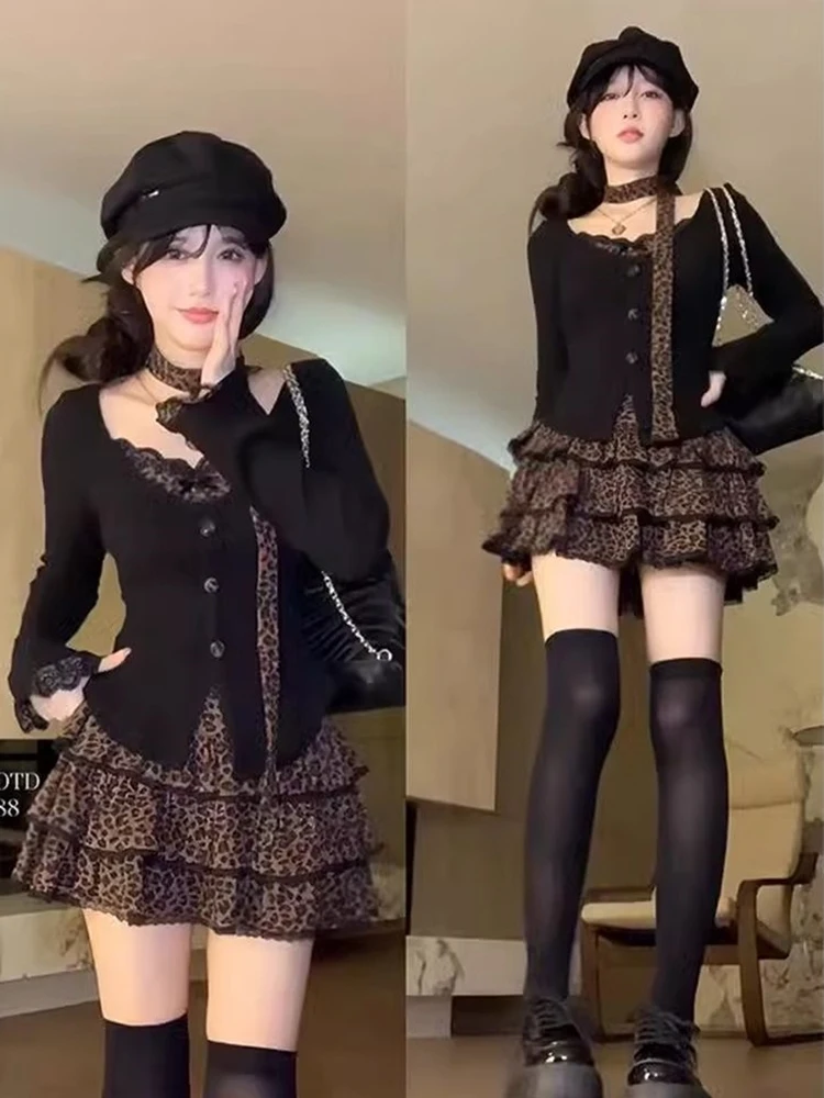 달콤하고 매운 소녀 레이스 긴 소매 레오파드 프린트 케이크 짧은 치마 투피스 세트 여성 봄 가을 패션 세트