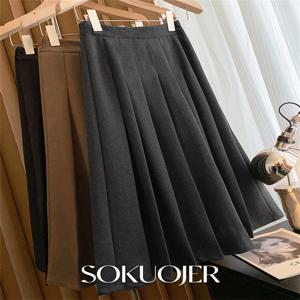 플러스 사이즈 회색 울 A라인 미디 스커트 여성용 가을 겨울 두꺼운 하이웨이스트 플리츠 미니 드레스 슬림 우산 스커트