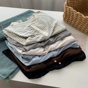 여성용 실크 울 기본 셔츠 가을 겨울 라운드 버튼 넥 슬림 니트웨어, 솔리드 컬러 스트라이프 긴 소매 탑