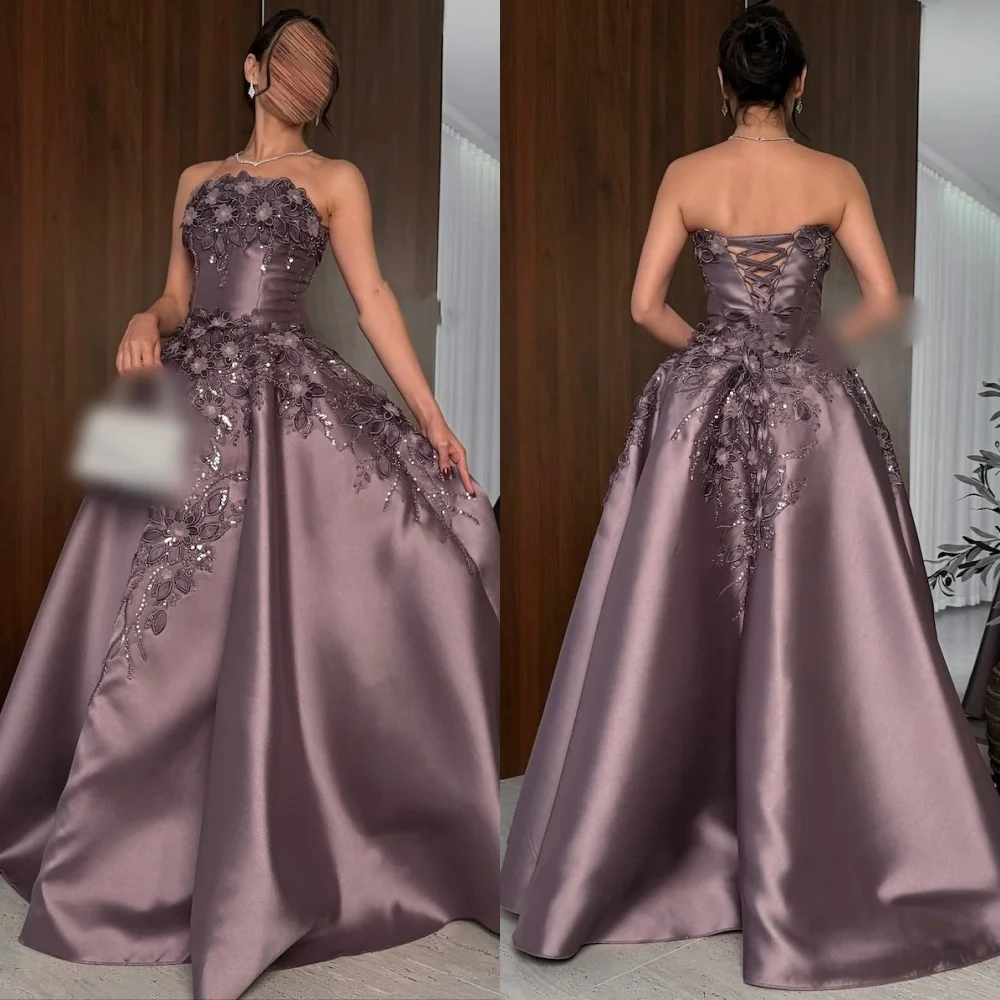 맞춤형 포멀 캐주얼 샤르무즈 스팽글 꽃 장식 A라인 스트랩리스 롱 드레스 맞춤형 행사용 섹시