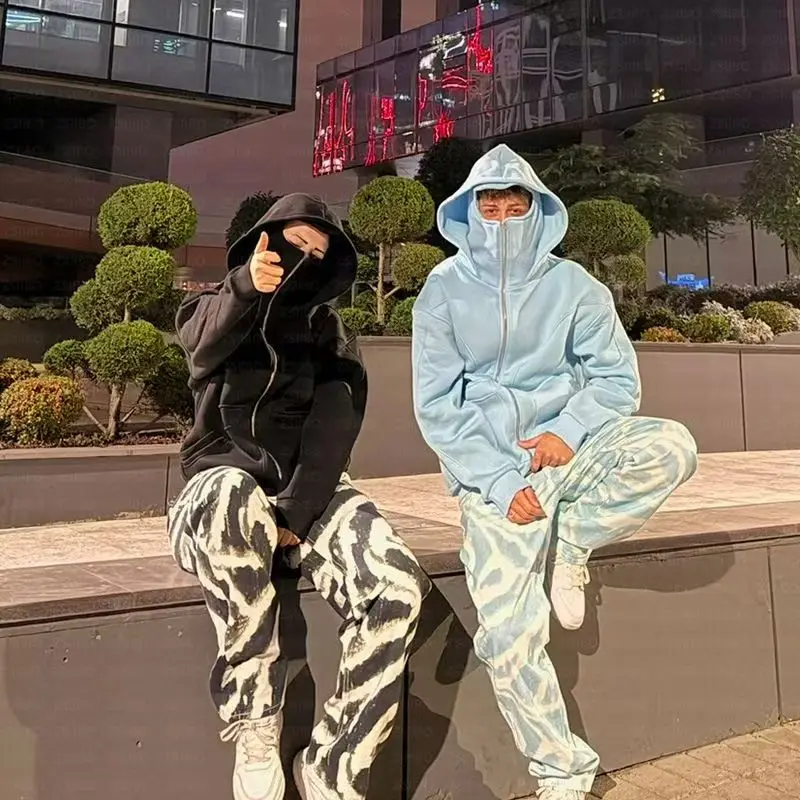 발라클라바 남성용 지퍼 후드 겨울 따뜻한 캐주얼 스웨트셔츠 Y2K 후드형 페이스 마스크 지퍼 디자인 스포츠 재킷 야외 활동용