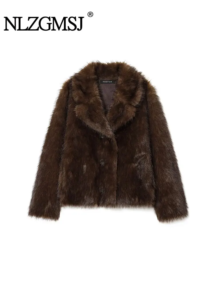 Nlzgmsj 겨울 캐주얼 브라운 두꺼운 모피 리버시블 자켓 여성 긴 소매 브이넥 인조 모피 코트 스트리트웨어 아우터웨어
