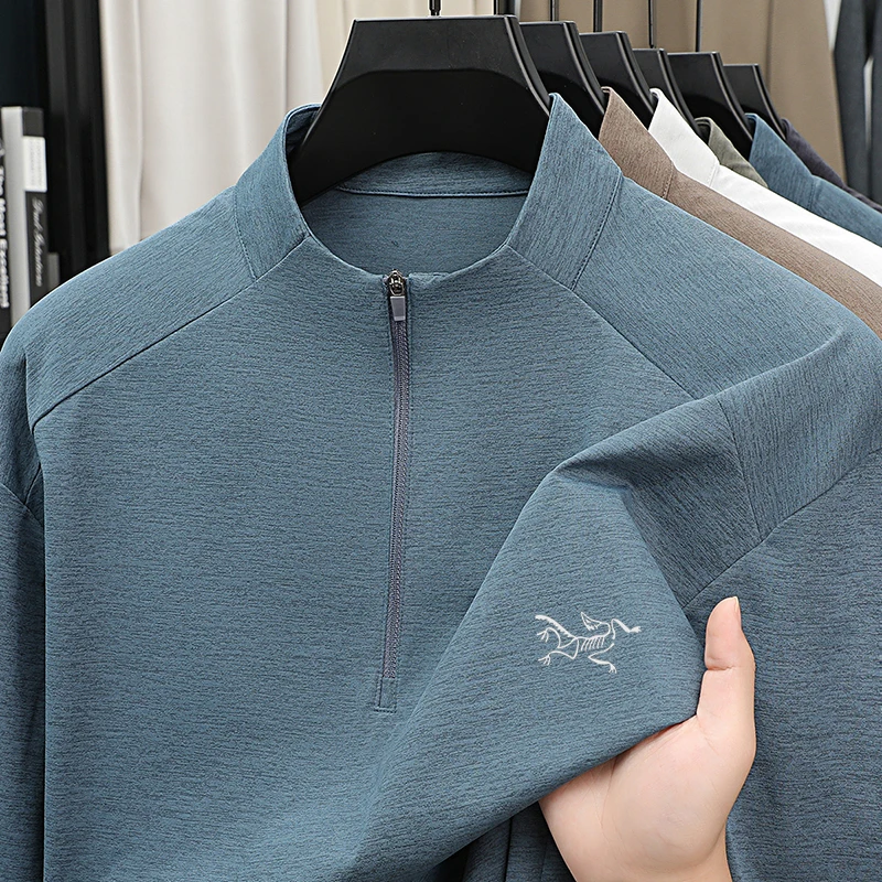 럭셔리 퀄리티 남성용 긴팔 티셔츠 심플한 단색 반지퍼 가을 레터 프린트 반하이넥 다용도 남성복