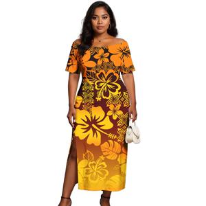 우아한 하와이안 미디 드레스 폴리네시아 부족 패턴 프린팅 여성용 섹시한 슬릿 칵테일 파티 롱 포멀 드레스