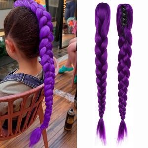 28인치 합성 머리 긴 땋은 보라색 머리 포니테일 익스텐션 루미 헤어스타일 클로 클립 헤어 가발 어린이용 크리스마스 파티용
