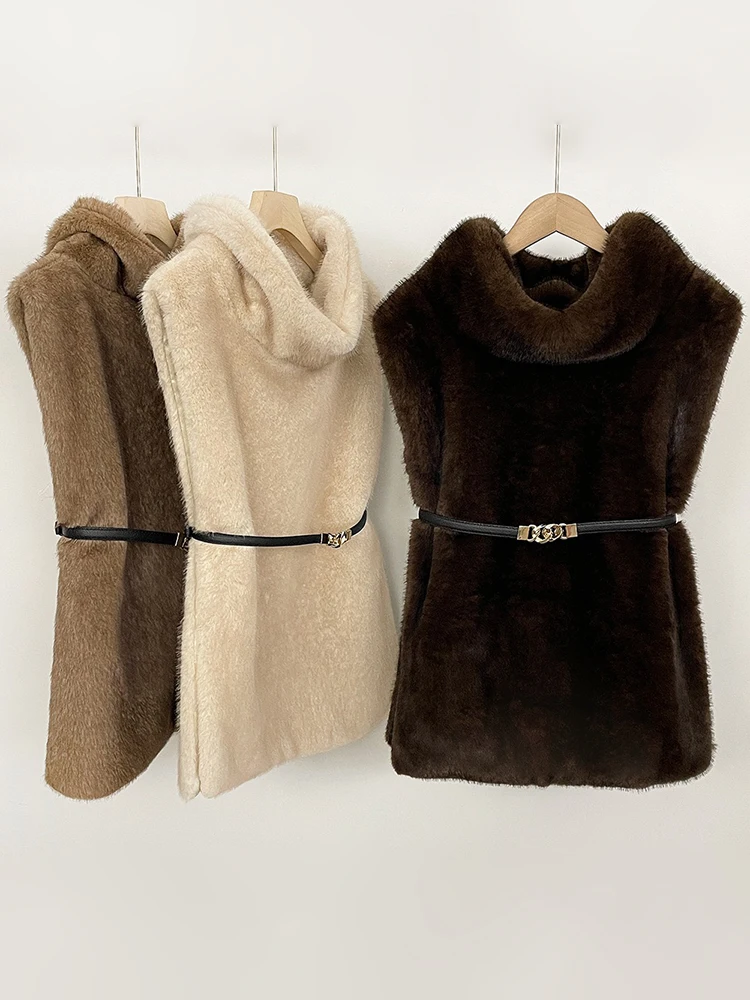 무마로호 2026 겨울 봄 여성 인조 모피 세이블 조끼 크롭 탑 솔리드 터틀넥 에코 밍크 인조 모피 탱크 탑 풀오버 재킷