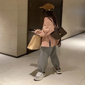 핑크 스트라이프 긴팔 루즈 티셔츠 시크 베이스 레이어 셔츠 소녀용 봄 패션 신상 코튼 폴리에스터 혼방