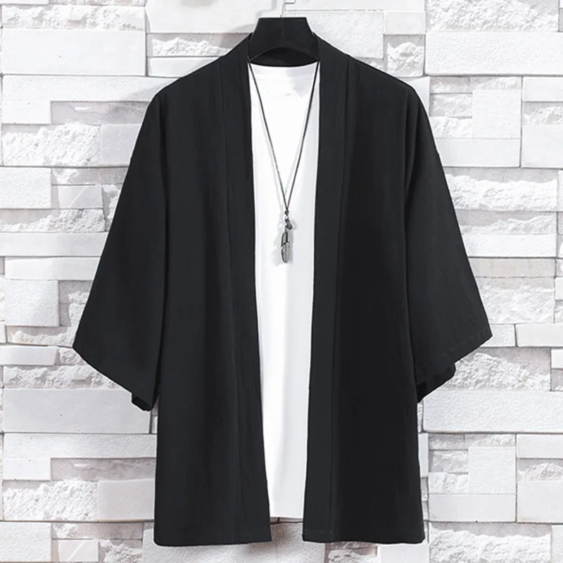 남성용 기모노 가디건 일본식 재킷 캐주얼 코튼 3/4 슬리브 셔츠 오픈 프론트 코트 경량 린넨 유카타