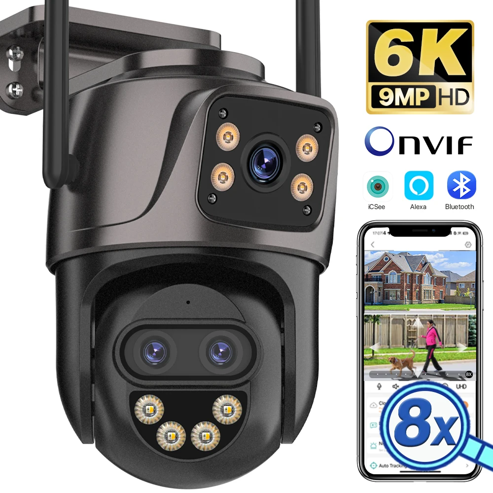 6K 9MP HD IP 카메라 야외 3렌즈 외부 WiFi 카메라 4K/2K 듀얼 스크린 보안 PTZ 캠 자동 추적 감시 iCSee