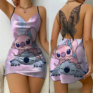 2025 새로운 레이스 서스펜더 드레스 디즈니 스티치 인쇄 나비 Backless 새틴 숙녀 홈 Nightdress 패션 간단한 의류