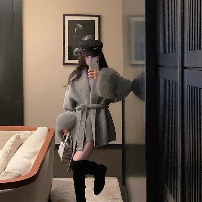 용수철 가을 긴 소매 스트랩 모직 재킷, 루즈 하이 엔드 스플라이싱 짧은 모피 소매 혼방 울 코트, 레이스 u