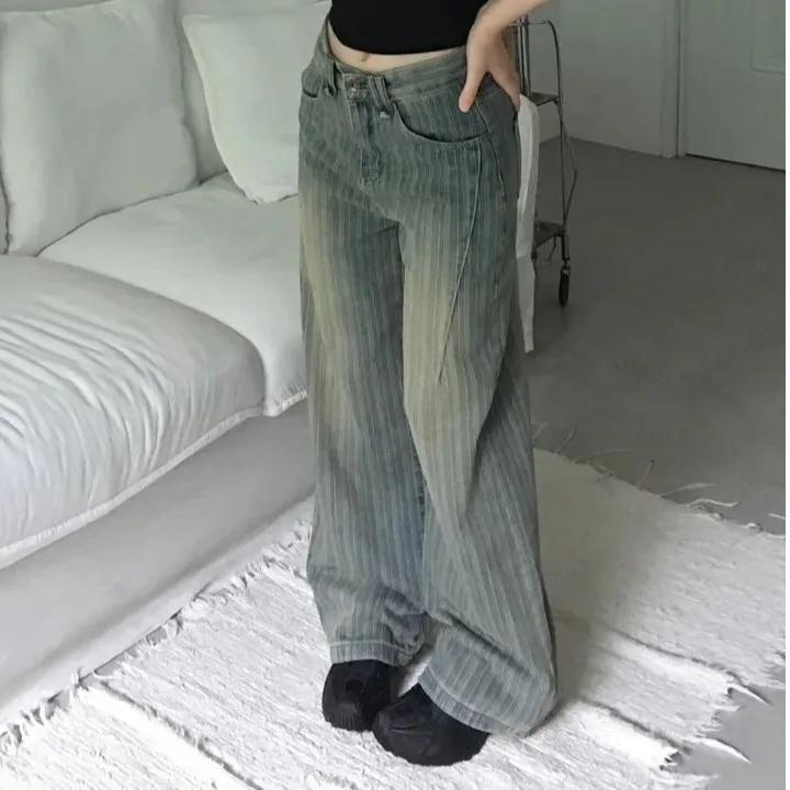 레트로 디스트레스드 스트라이프 스트레이트 레그 하이웨이스트 슬리밍 와이드 레그 롱 팬츠 여성용 청바지 여름 패션 시크 스타일