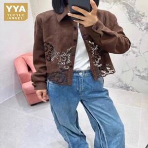 최고급 가을 천연 가죽 스웨이드 자수 여성 재킷 턴다운 칼라 천연 양가죽 얇은 숏 코트