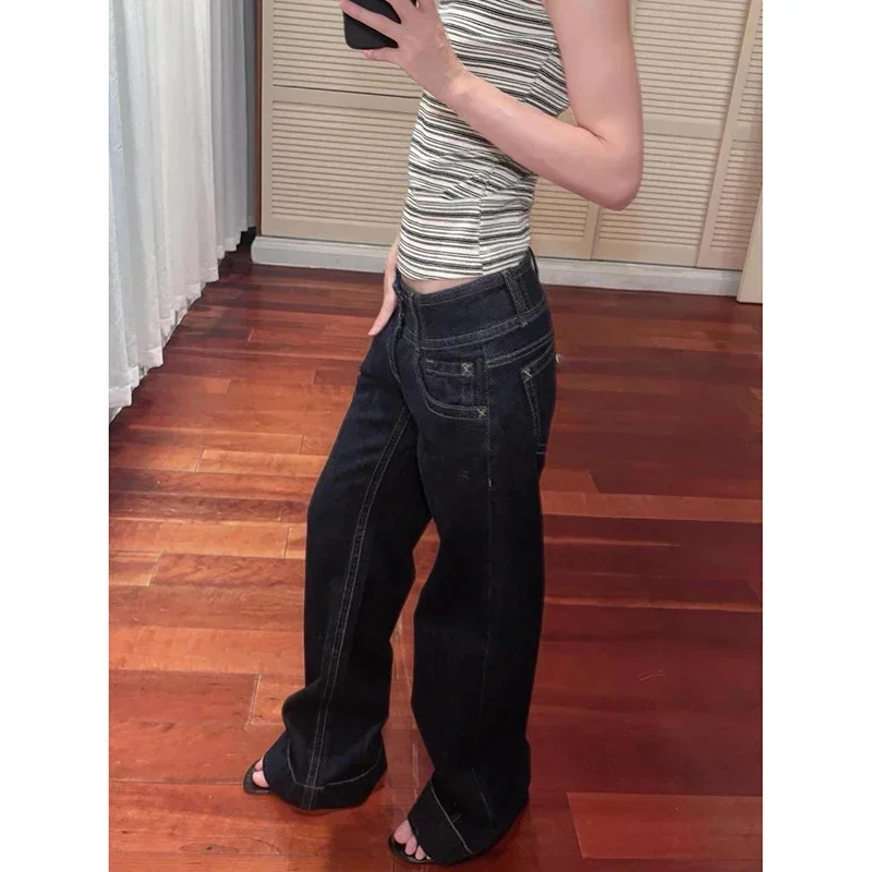 여성 빈티지 블루 Y2K 배기진 2025 가을 하라주쿠 보이프렌드 데님 바지 하이 스트리트 2000년대 진 팬츠 오버사이즈 의류