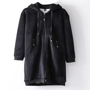 여성용 중간 길이 벨벳 후드 집업 블랙 가디건 재킷 신상 루즈핏 다용도 봄 가을 패션 다용도 두꺼운 코트