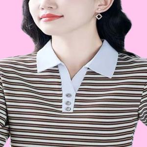 신상 여성용 긴팔 폴로 셔츠 캐주얼 카라 티셔츠 가을 스트라이프 다용도 중년 엄마 레저용 포켓 손수건 포함