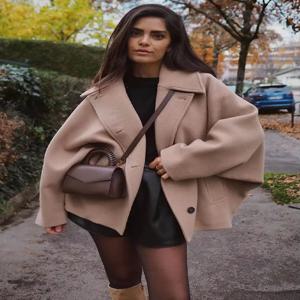 여성 가을 겨울 루즈핏 숏 재킷 라펠 긴 소매 포켓 싱글 브레스티드 장식 캐주얼 재킷 여성 솔리드 탑