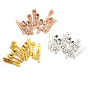 12Pcs 1:12 미니 빈티지 인형 집 미니어처 식기 칼 붙이 금속 칼 포크 스푼 주방 음식 가구 장난감 골드 실버