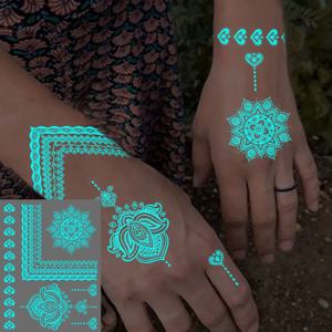 블루 빛나는 광선 손 헤나 방수 임시 문신 스티커 만다라 레이스 꽃 플래시 Tato 여성 남성 바디 아트 가짜 문신