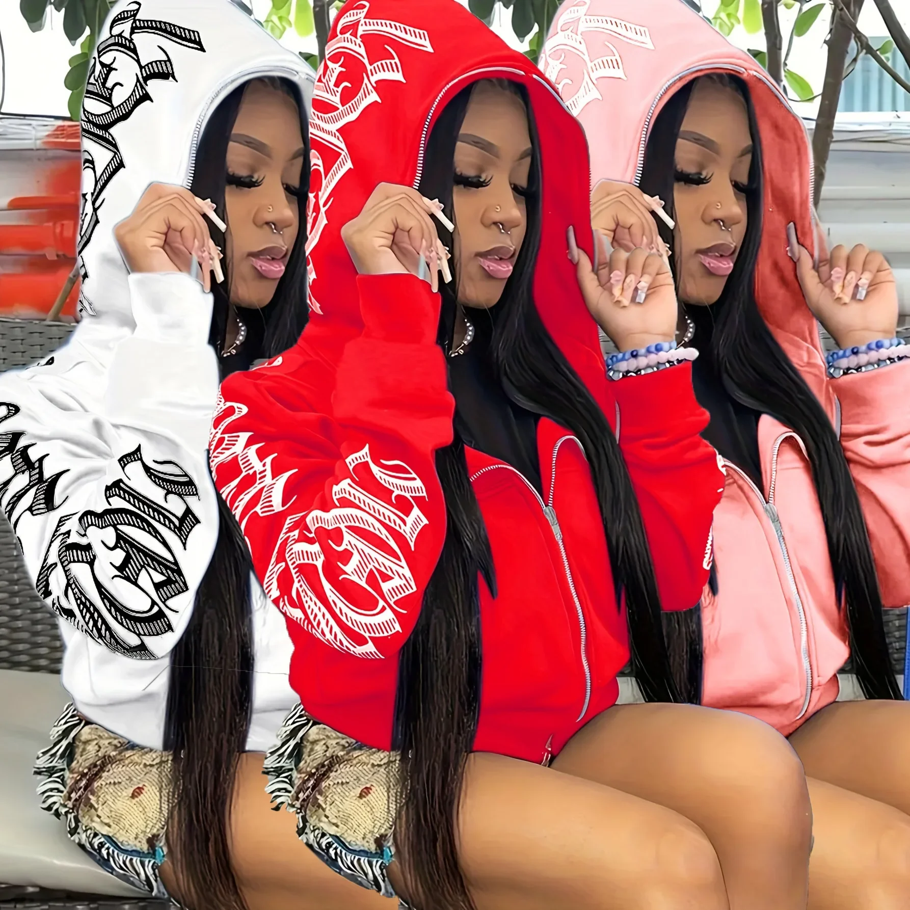 레터 프린트 긴 소매 지퍼 업 후드티, 사이버 Y2K 고딕 펑크 스웨트셔츠, 여성 의류